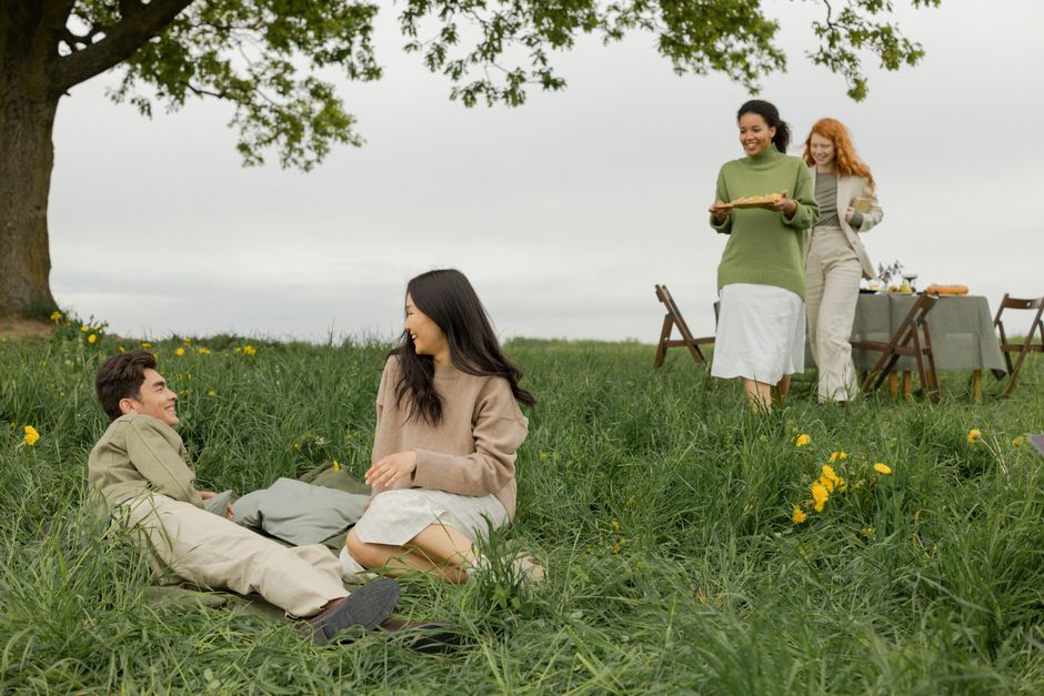 Four diverse adults laughing and talking during a picnic outdoors in a lush green field.
